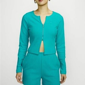 NWT Nike Sportswear Chill Knit Slim Full-Zip Ribbed Cardigan Large Green Blue